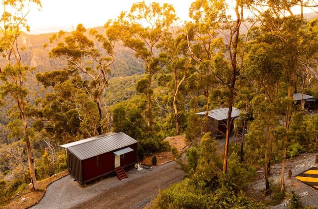 Off-grid tiny house setup near Brisbane forest