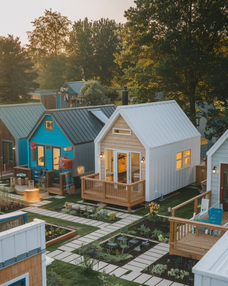 row of tiny houses in eco-friendly layout
