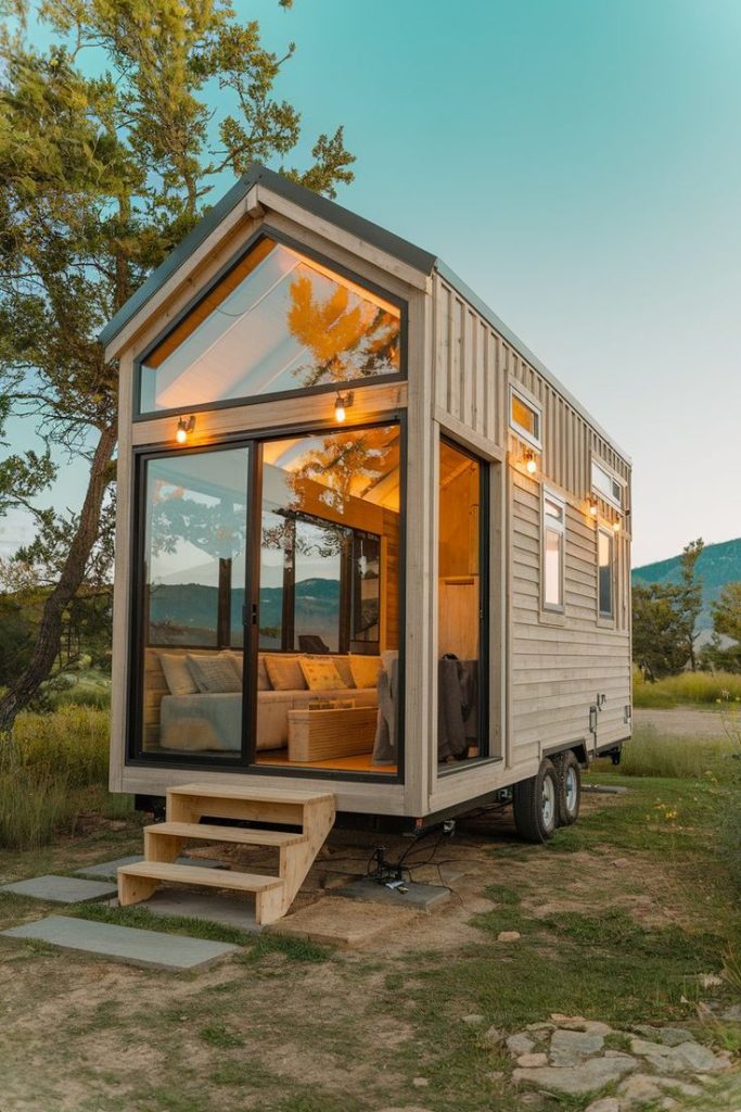 Off-grid tiny home with solar panels in a remote location