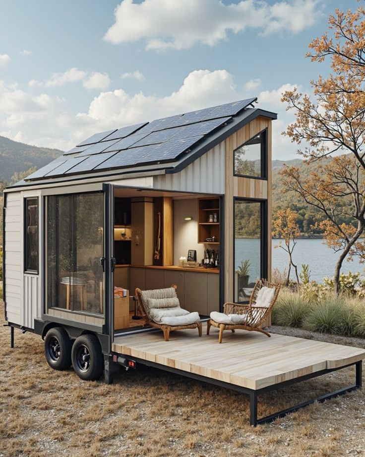 Tiny house on wheels parked in nature